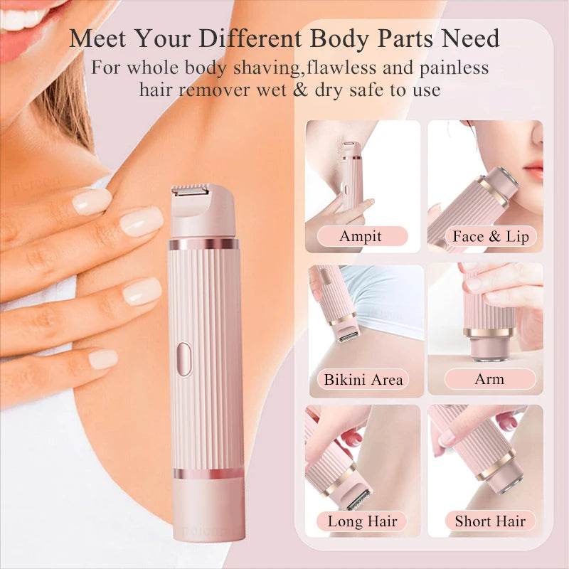 Women's Electric Shaver 2-in-1 Bikini Area Hair Trimmer Cordless Waterproof Rechargeable Wet/Dry Use Dual-Head Detachable Razor