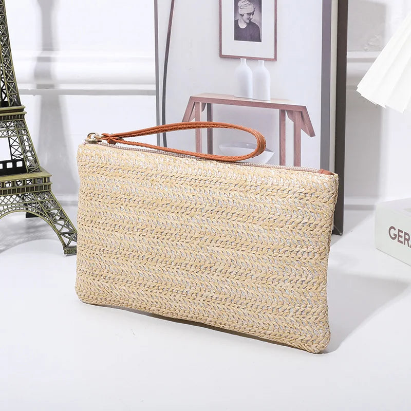 Straw Woven Clutch Bag, Trendy Braided Waist Purse, Women's Zipper Handbags for Phone Coin Key, Lady's Ultra Thin Straw Bag