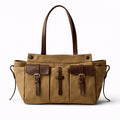 Luxury Canvas Leather Multi-Pocket Tote Bag,Women Zipper Closure Vintage Shoulder Bag,Motorcycle Biker Style Handbag,Lightweight