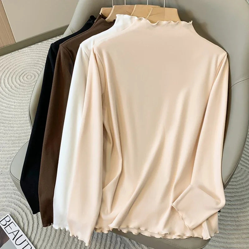 Inner Wear Autumn Winter Fleece Lined Fashion Big Size Tops 2026 Plus Size Women's Long Sleeve Turtleneck Velvet Base T-shirt
