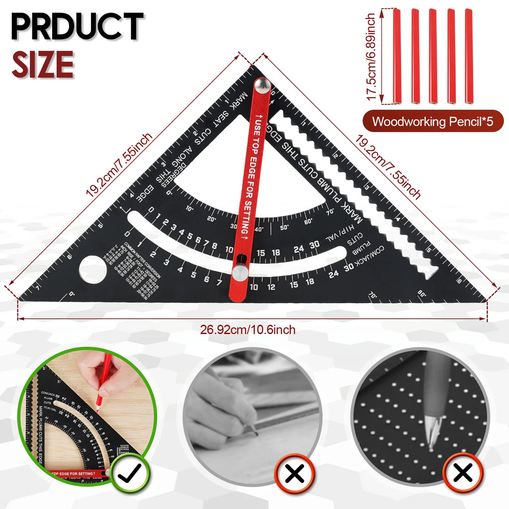 7'' Woodworking Triangle Ruler Aluminum Alloy Rafter Square Adjustable Triangle Ruler with Pencil for Measuring Woodworking Tool