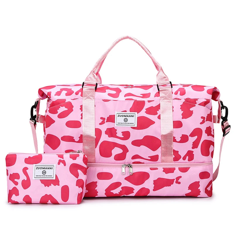 2pcs Set - Large Capacity Travel Duffel Bag with Shoe Compartment and Cosmetic Pouch Casual Nylon Gym Bag Weekend Overnight Bag