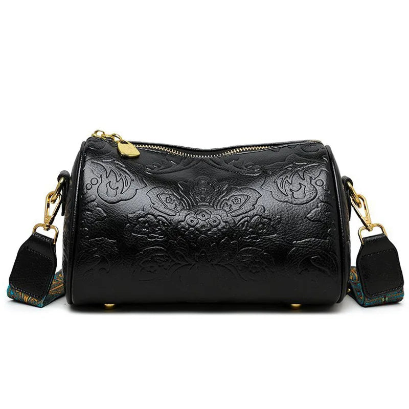Retro Flower Embossed Cylinder Bag, Classic Textured Zipper Crossbody Purse, With Wide Geometric Pattern Strap Barrel Bag