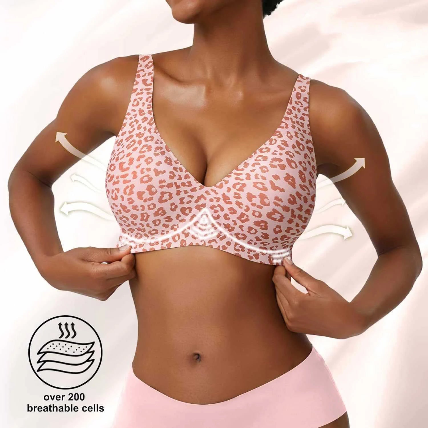 Women's Seamless Pink Leopard Print Bra Wire-Free Bra Full Cup Soft Thin Mold Support Breathable and Beauty Deep V Plus Up Bra