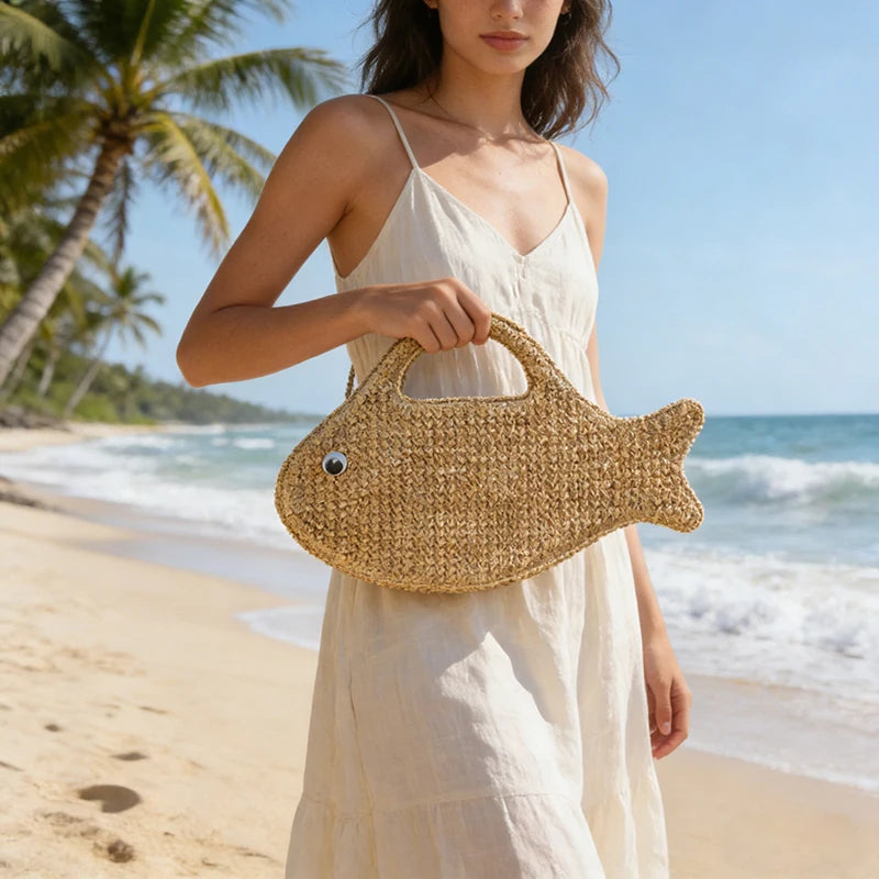 Raffia Straw Woven Bag,Fish Shaped Funny Cute Women Handbag,Spring Summer Boho Beach Vacation Evening Elegant Clutch Purse