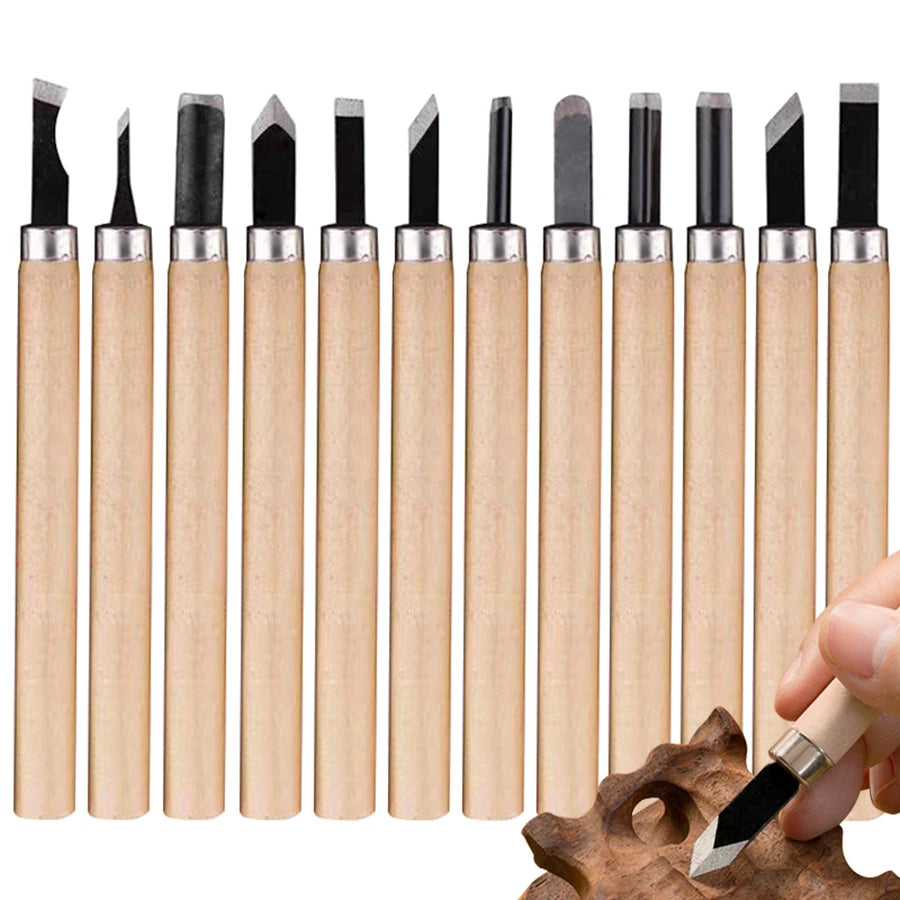6-12pcs High Manganese Steel Engraving Knife with Wooden Handle Professional Handmade Wood Carving Chisel Tools Kit