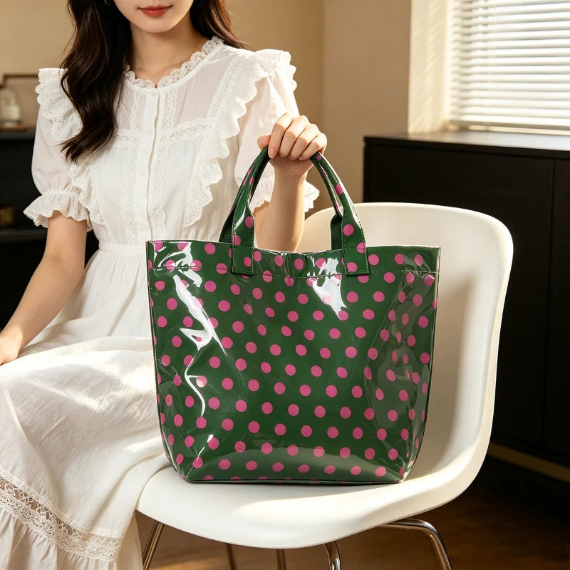 Korean Style Polka Dot Tote Bag PVC Waterproof Large Capacity Handbag Travel Shoulder Bag Shopping Portable Lightweight Casual