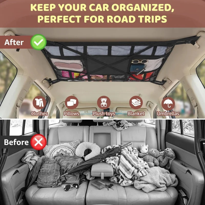 Extra Large Car Ceiling Cargo Net 43.3x27.5in, SUV Van Truck Roof Storage Organizer, Overhead Mesh Holder for Travel