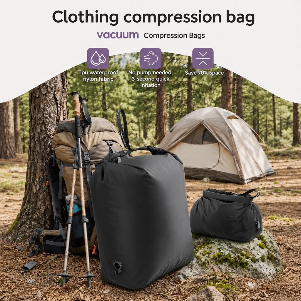 Outdoor Camping Vacuum Compression Bag No Pump Waterproof Storage Organizer for Sleeping Bag Hiking Backpacking Space Saving