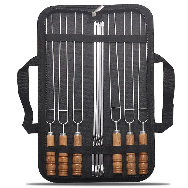 Outdoor Barbecue Needle Set Wire BBQ Skewers Wood Handle Grill Roasting Sticks Camping Tools Storage Bag Kit Beech wood handle