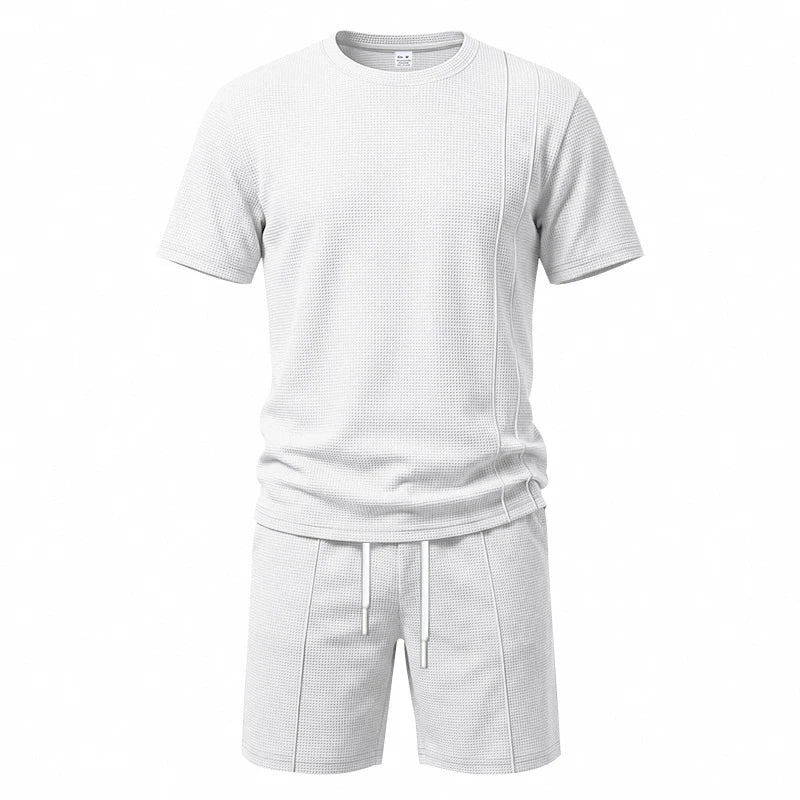 2026 New Men Waffle Knit 2 Piece Outfit Round Neck Short Sleeve Tee Drawstring Shorts Summer Casual Matching Set