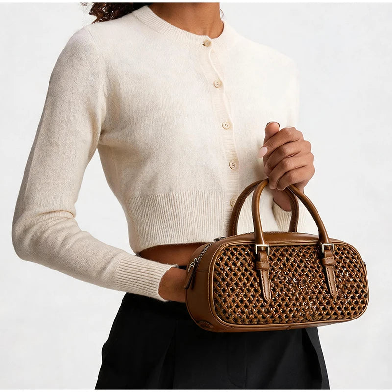 Vintage Hollow-Out Handheld Boston Bag Retro Top-Handle Shoulder Tote Lady Premium Commuter Purse Women Daily Office Satchel