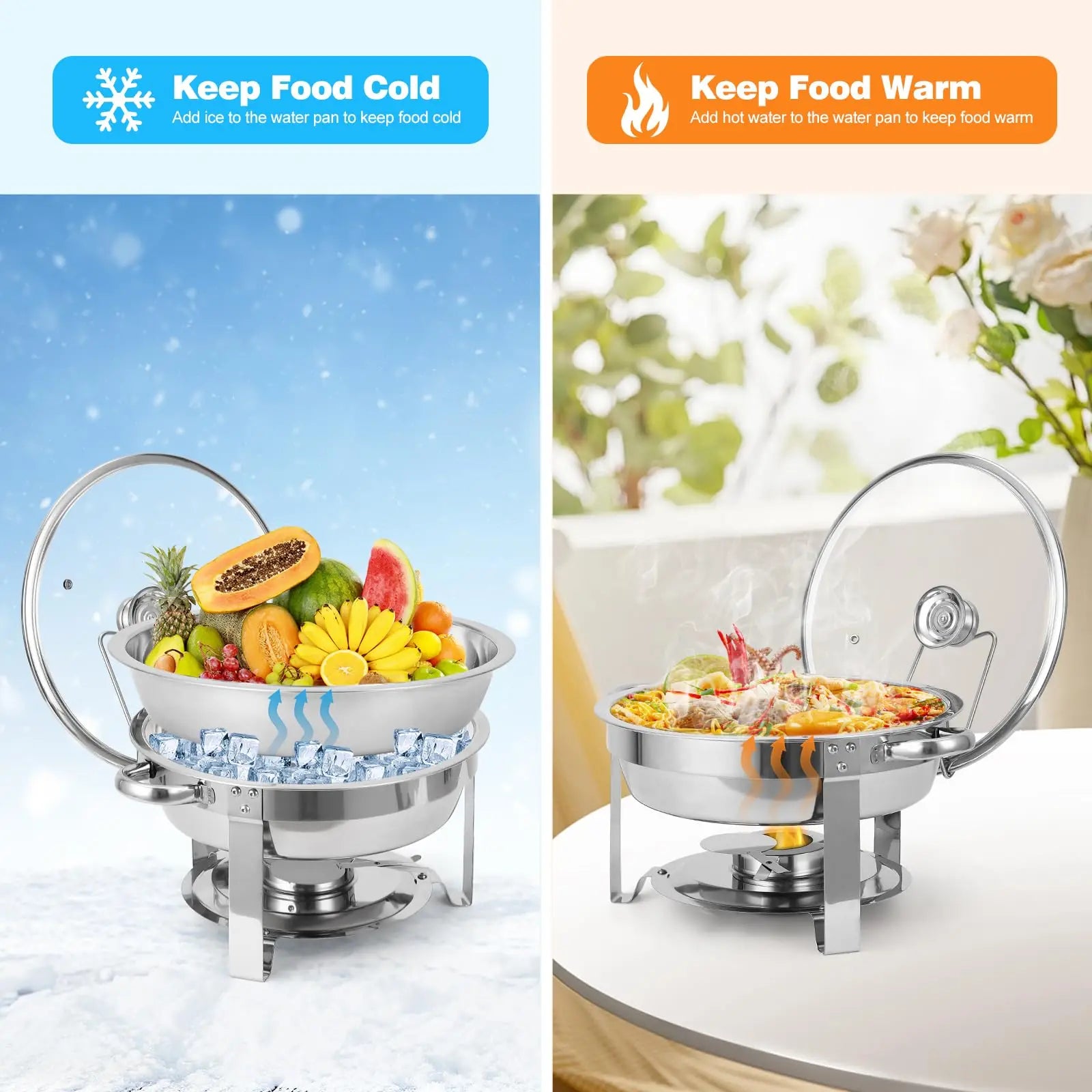 2 Pack 5QT Round Stainless Steel Chafing Dishes Buffet Set with Visible Glass Lid Holder Buffet Food Warmers for Parties Dinners Catering Events