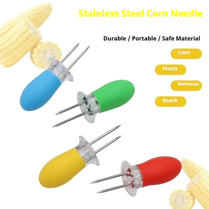 8Pcs Stainless Steel Corn Forks Holder BBQ Prongs Skewers Fork Hot Dog Fruits Corn On The Cob Fork Kitchen Gadget BBQ Tools