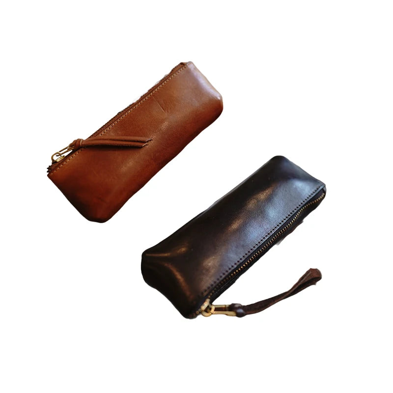 Simple leather pencil bag men and women large capacity high school students stationery bag makeup brush sub pen bag
