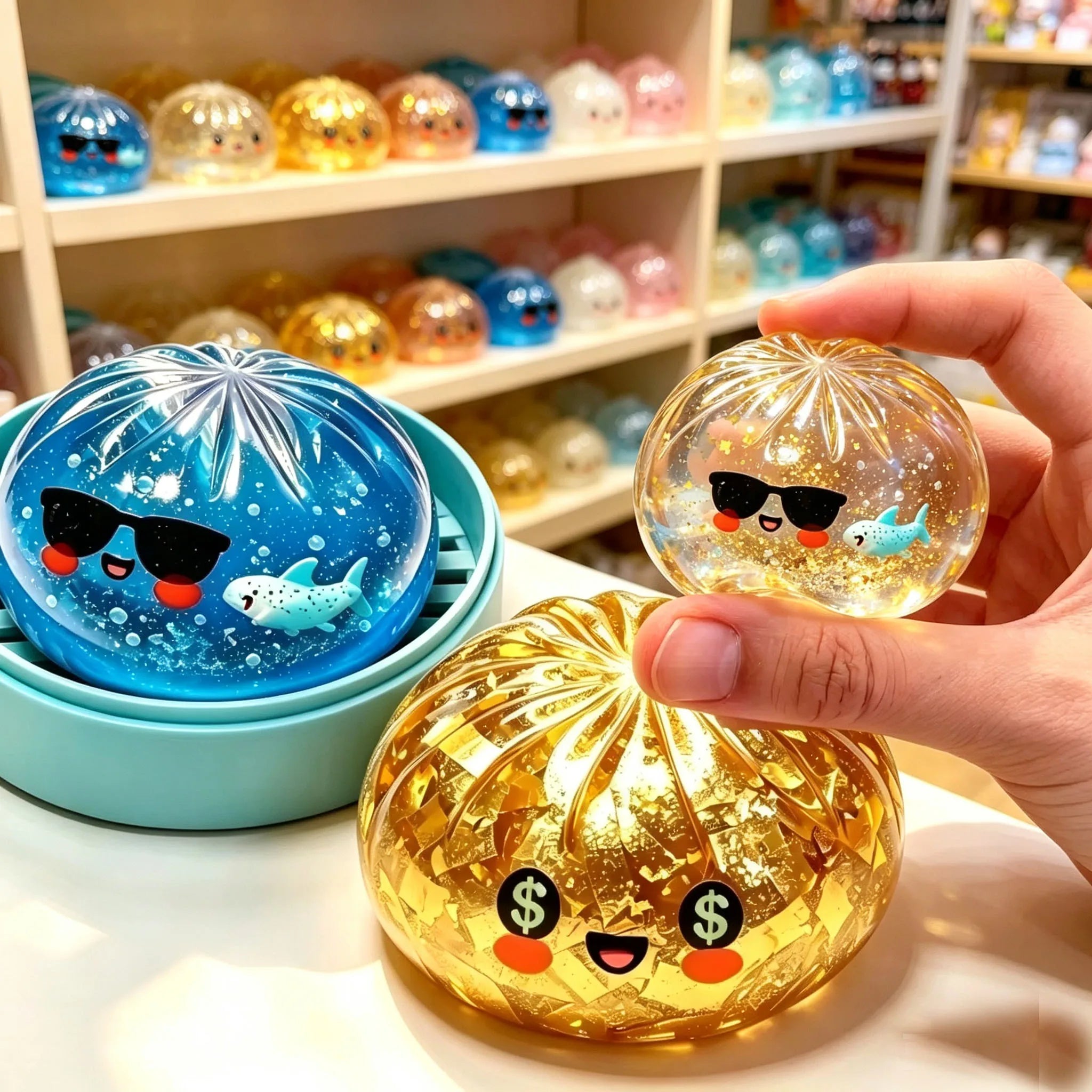 Glitter Shark Dumplings Squishy Toy Soft Slow Resilience Mini buns Fidget with Steamer Steamed Stuffed Bun Pinch Le