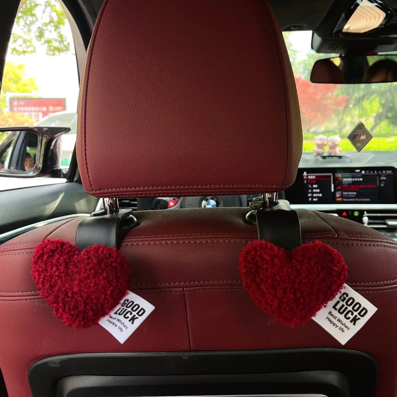 2Pcs Cute Seat Back Car Hook Love Heart Plush Universal Auto Headrest Clothes Handbag Hang Storage Organizers Hooks Holder