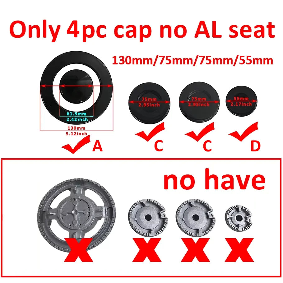ABBCD 3MM Heavy Durable 130/100/100/75/55mm 5pc a Set Stove Cap Burners Without AL Seat