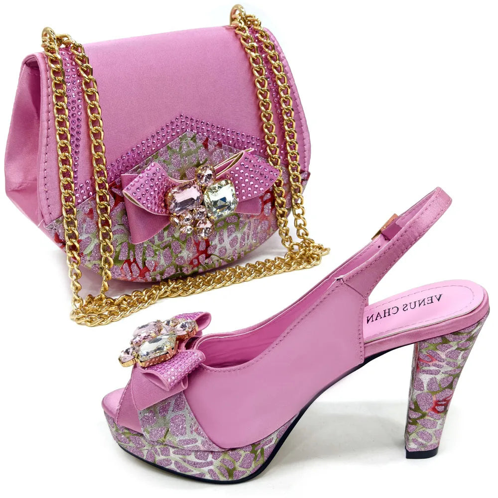 Newest Pink Color Pumps Women High Heels Decorated with Rhinestone Flower Design Party Women's Shoes and Bags Set