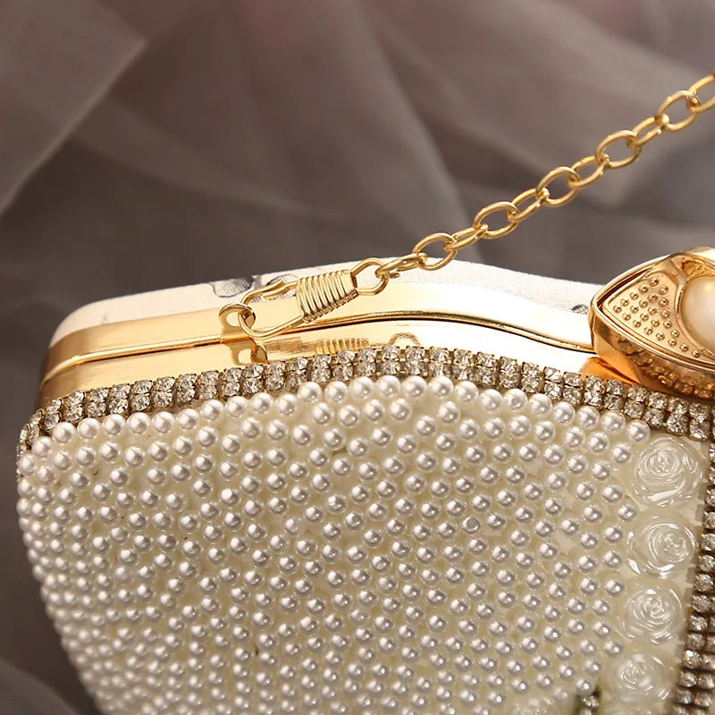 Crystal-clear rhinestone pearl clutch luxurious metal chain handbag fashionable wedding bride handbag and evening bag for wome