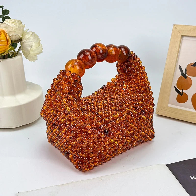 Handmade Beaded Large Capacity Dumpling Shape Women's Fashion Handbag Party Bag Wind Amber Color Handheld Bag Carryall Tote