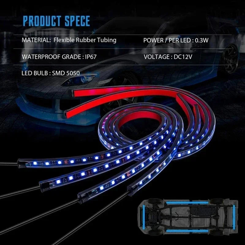 90/120CM Car Flexible Underglow Strip Light LED Underbody Remote APP Control RGB Neon Lights Atmosphere Lamp for Auto Decoration