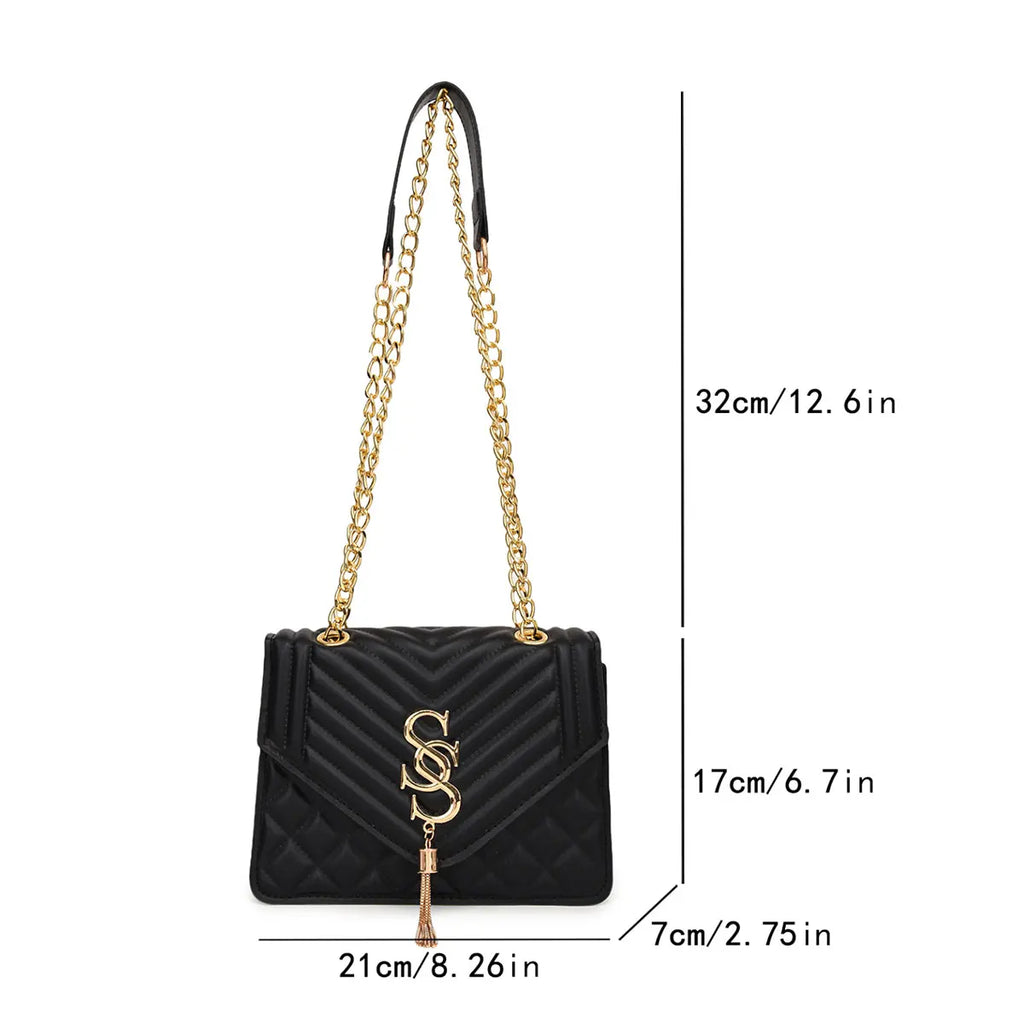 Elegant and Fashionable Argyle Quilted Chain Small Square Bag Metal Letter Tassel Diagonal Cross Bag Commuter Shoulder Bag