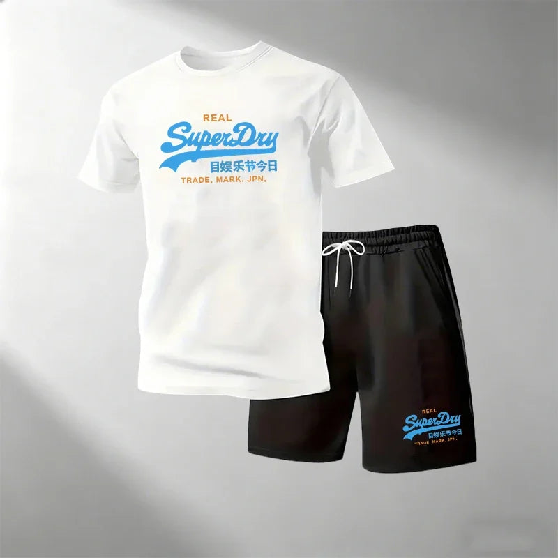 Summer Street Fitness Men's T-Shirts Sets Short Sleeve T-Shirt + Shorts Quick Dry Breathable Round Neck Running Suit Hot Sale