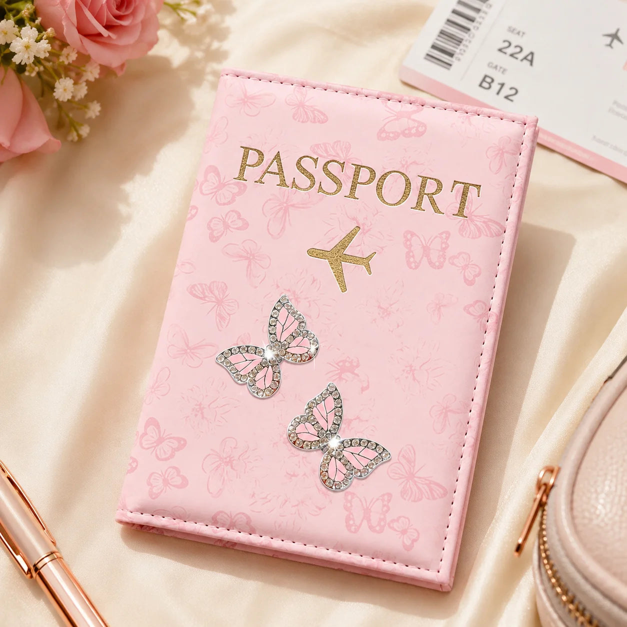 Pink Butterfly PU Leather Passport Holder, Rhinestone Travel Wallet Cover with Card Slots for Women, Airport Vacation Gift
