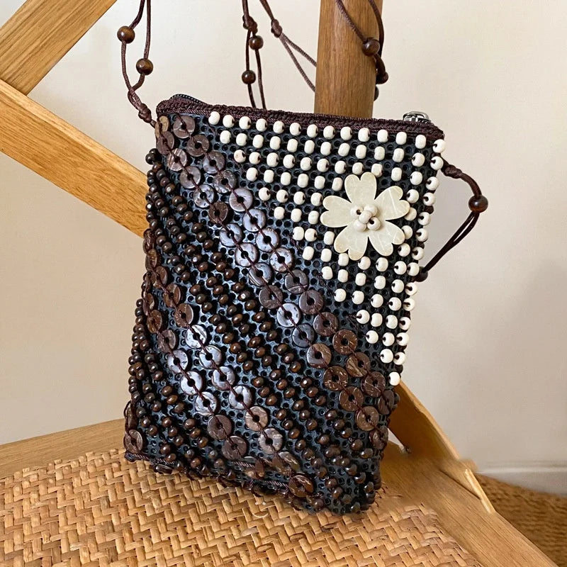 Bohemian Mini Phone Bag Women Summer Flower Coconut Shell Woven Bags 2026 New Thailand Vietnam Travel Tribal Style Coins Purse
