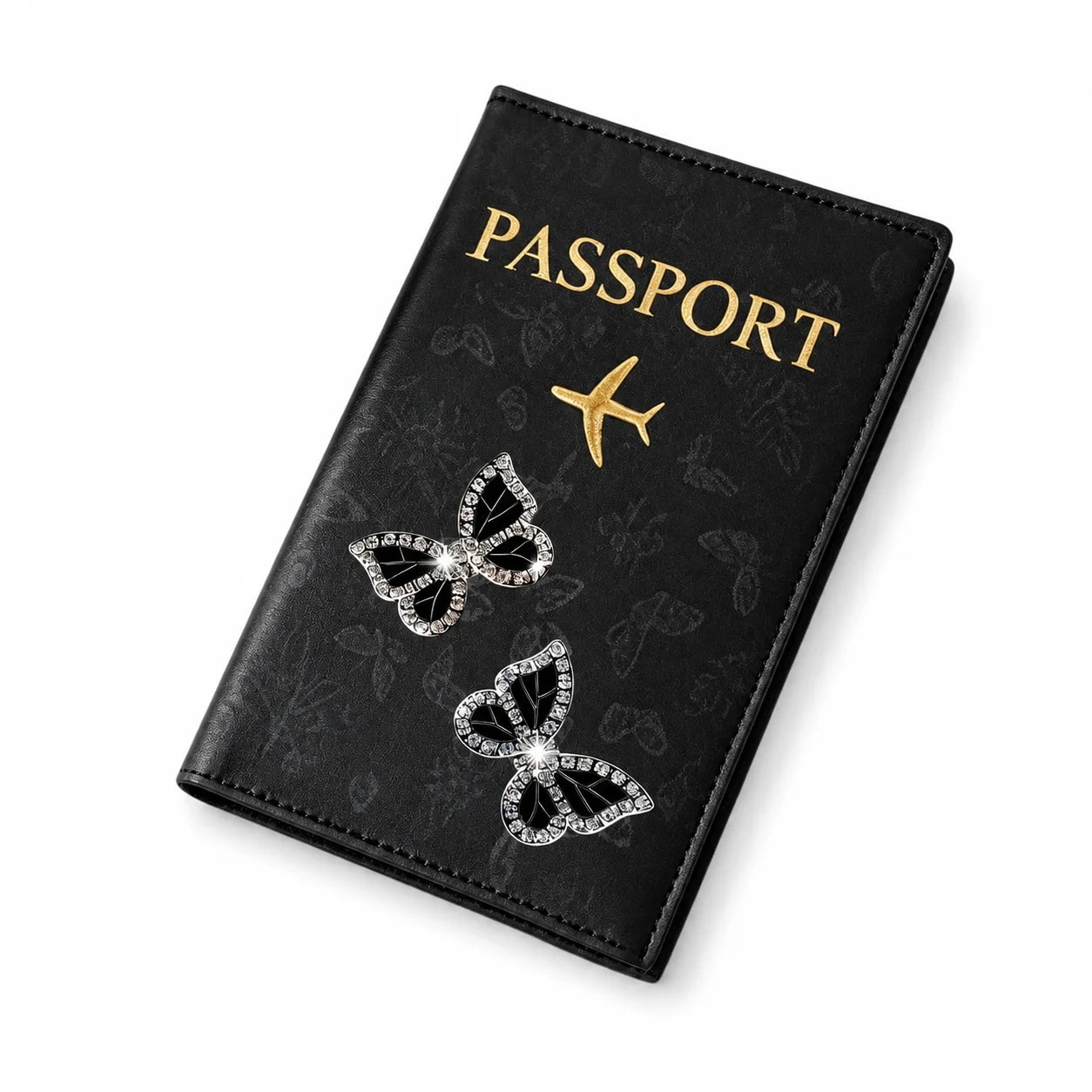 Pink Butterfly PU Leather Passport Holder, Rhinestone Travel Wallet Cover with Card Slots for Women, Airport Vacation Gift