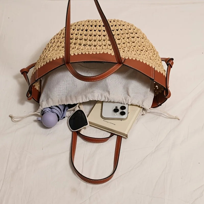 Large Capacity European and American Woven Shoulder Bag, New Basket Hand Tote, Fashion Woven Bag for Beach Vacation