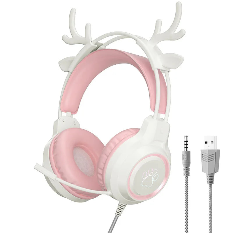RGB Gaming Earphones with High-Definition Flexible Microphone 3.5mm Gaming Earphones Detachable Cat Ears and Deer Antlers