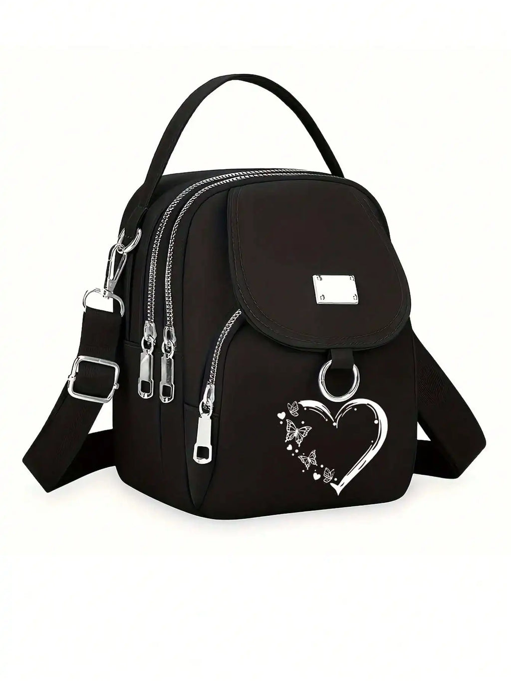 1pc Women's Nylon Shoulder Bag Heart Butterfly Pattern Casual Mini Crossbody Bag Adjustable Multi-Layer Solid Color Hand Bag