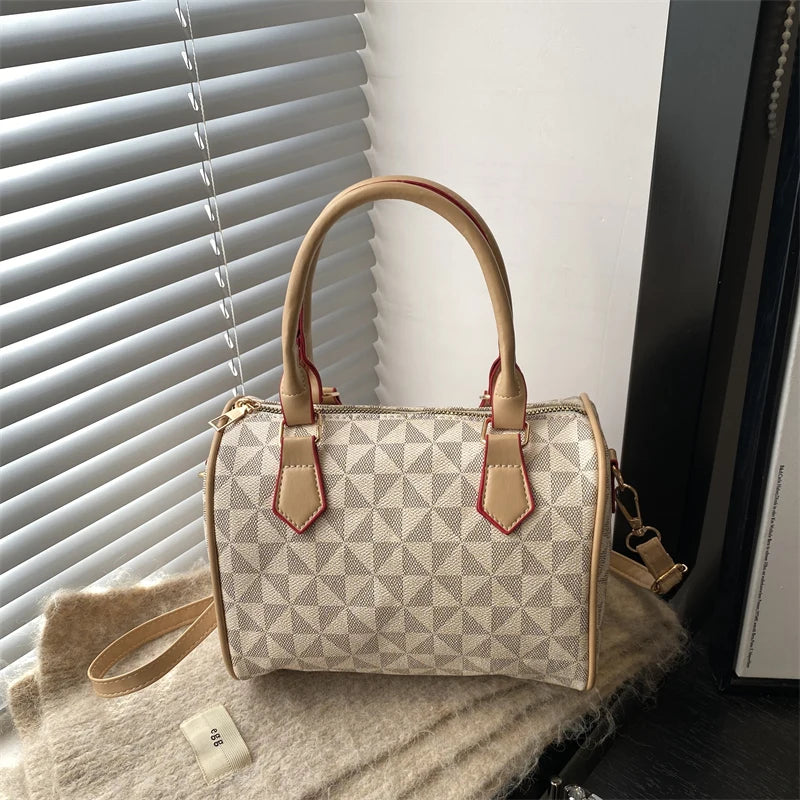 Fashion Business Crossbody Bag Windmill Print PU Color Block Trim Large Capacity Zipper Adjustable Strap Handbag for Daily Use
