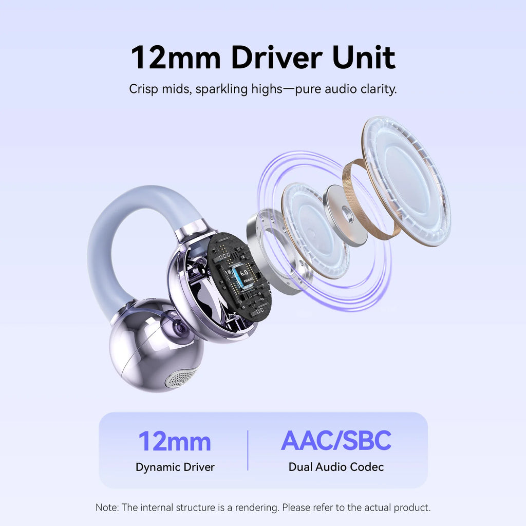 Vention ClipBuds Open-Ear Wireless Headphones Bluetooth 6.0 with 4 Mic Clear Call, Earbuds Clip on Earphones 25H Playtime