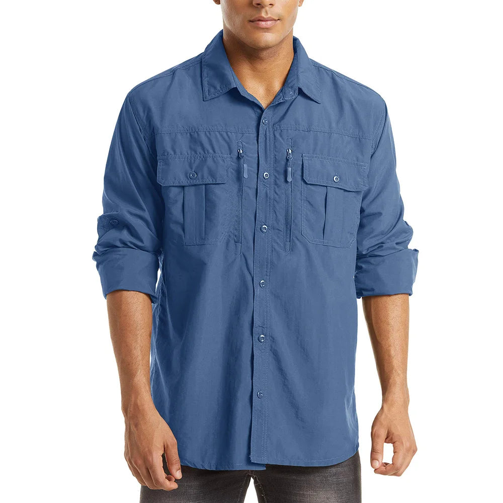 KEFITEVD Quick Dry Men's Hiking Shirts Zipper Chest Pocket Long Sleeve Cargo Shirts Lightweight Camping Trekking Fishing Shirt