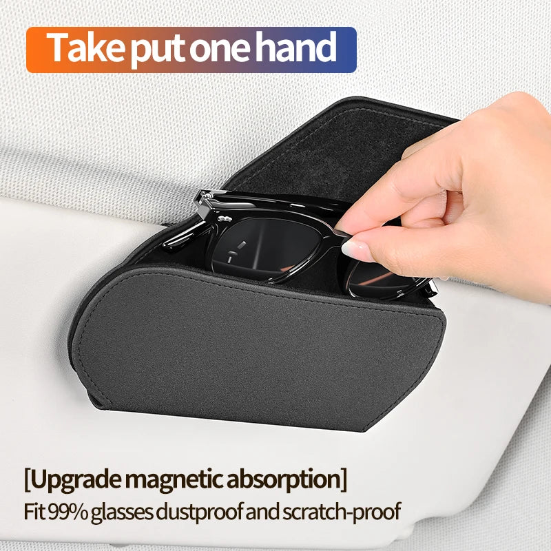 Luxurious Leather Car Magnetic Glasses Case Sun Visor Sunglasses Bag One-Hand Glasses Holder for Most Car Interior Accessories