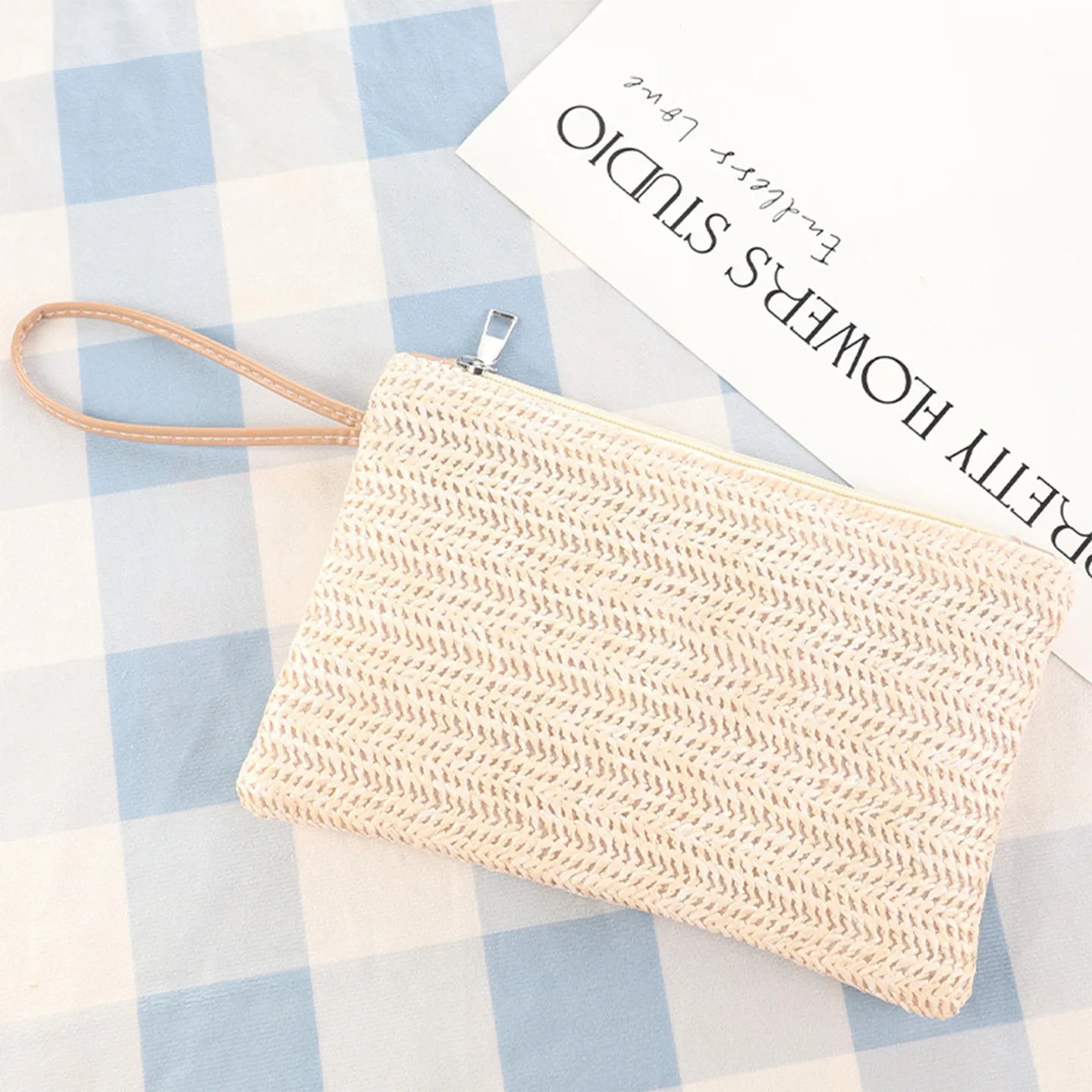 Boho Straw Woven Clutch Bag Custom Name Embroidery Zipper Pouch Women Girls Portable Coin Wallet Beach Vacation Accessories
