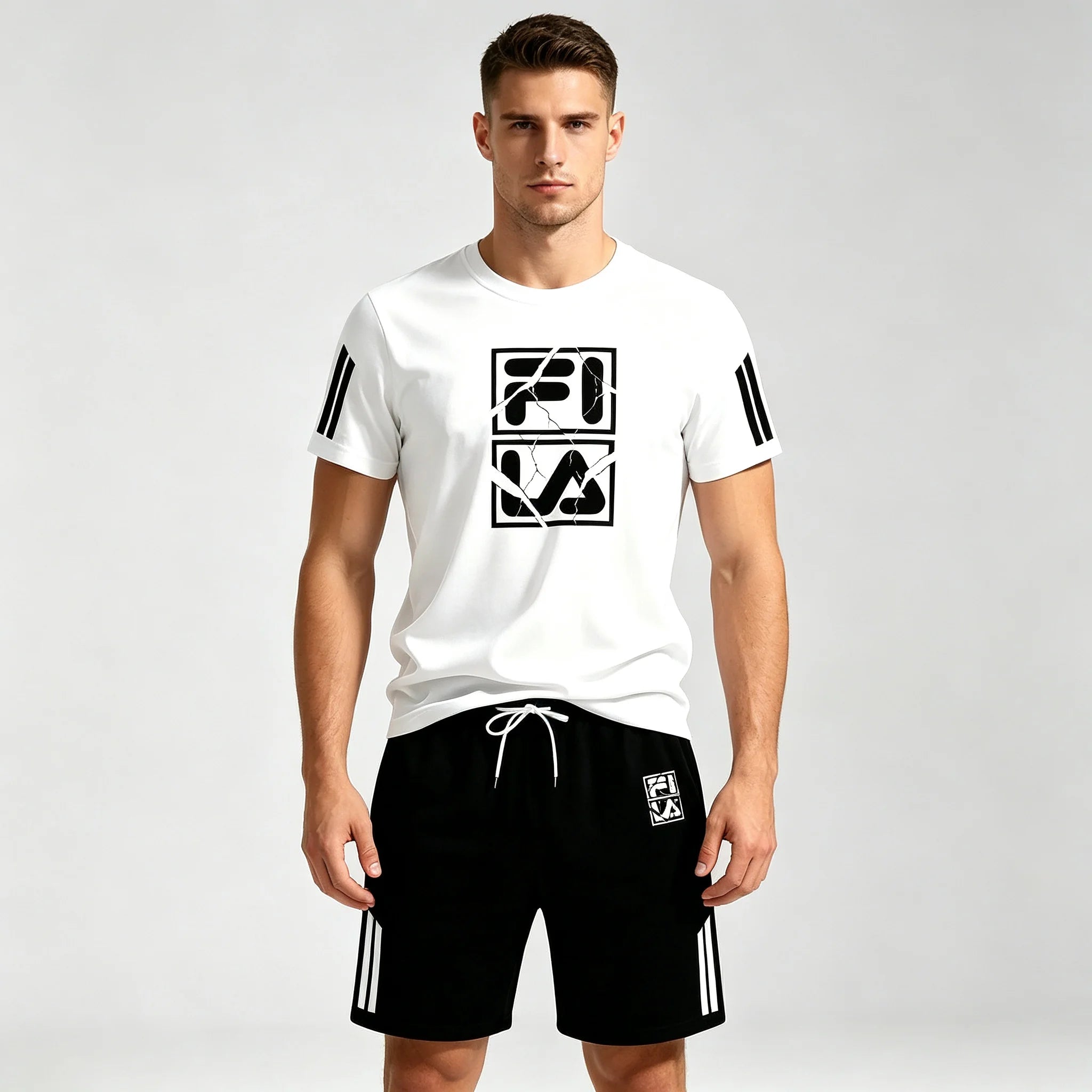 Men Crack Square Letter Print Mesh Tracksuit Thin Breathable Short Sleeve Top Shorts Set Fashion Adult Sports Outfit