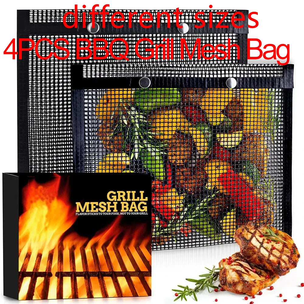 4PCS BBQ Grill Mesh Bag Reusable Mesh Nonstick Barbecue Oven Baking Grilling Bags Non-stick BBQ Accessories Picnic Camp Kitchen