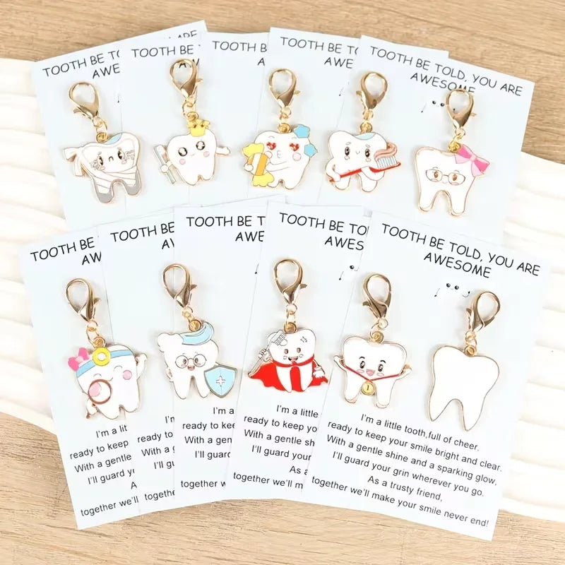 10 Pieces of 2D Cartoon Tooth Keychains, Including Inspirational Greeting Cards, Dental-Themed Exclusive Accessories, Suitable for Various Styles of Wear, Versatile for Daily Commuting; Creative and Trendy Gifts, Perfect for