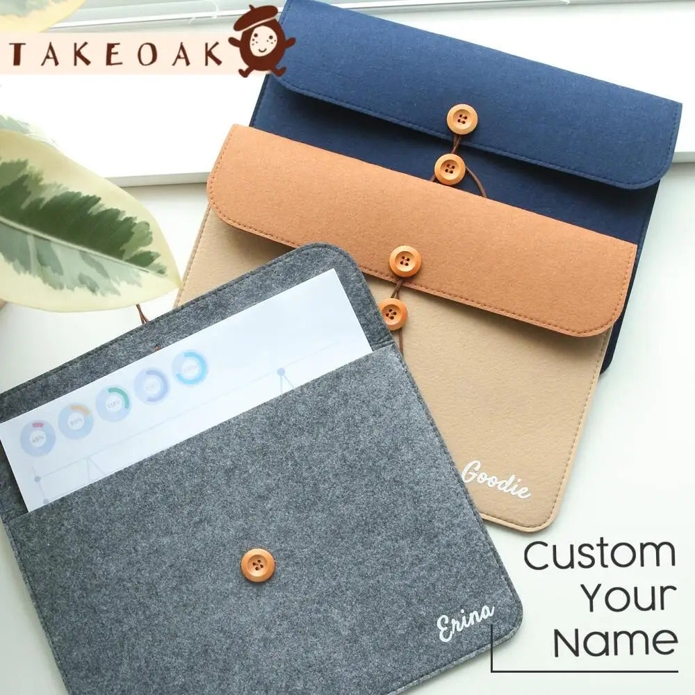 Custom Uv Printed Name Thick Felt A4 Document Envelope Bag Wooden Button Flap Paper File Holder Personalized Travel Storage Gift