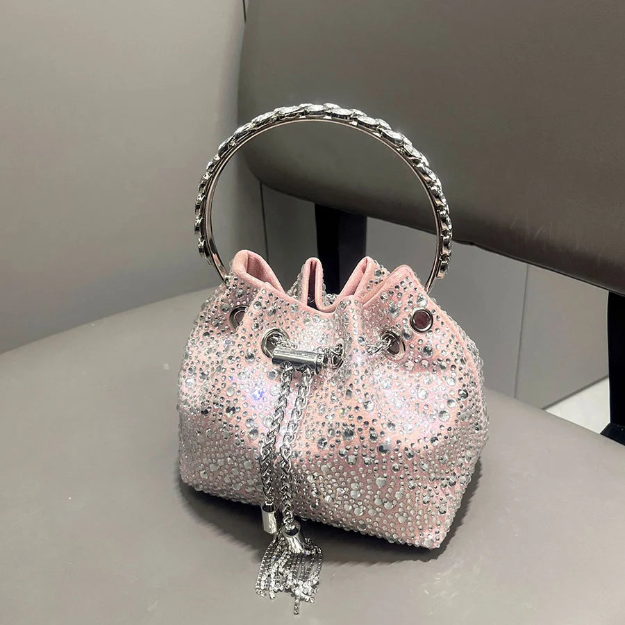New Tassel Women's Shoulder Bags Metal Ring Diamond Bucket Bag Shiny Drawstring Handbag Tote Chain Crossbody Bags Evening Clutch