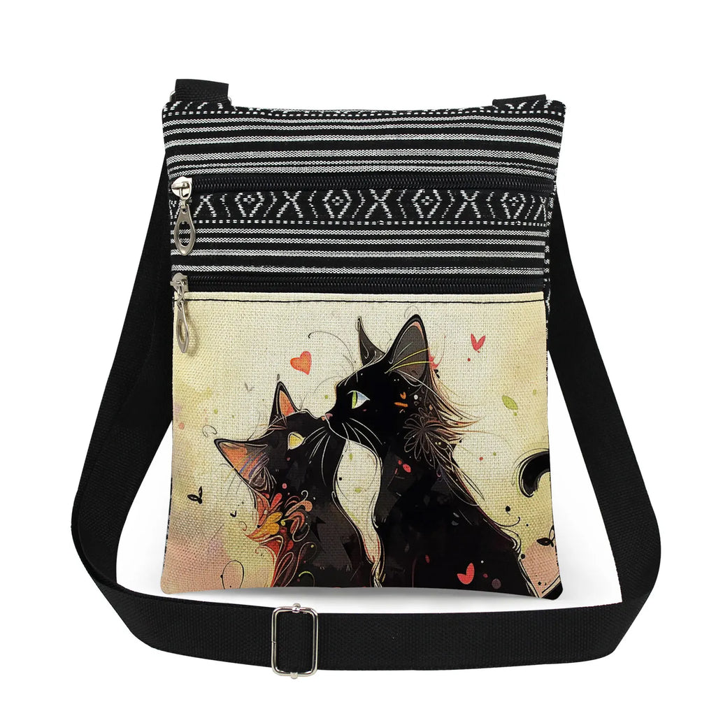 Cute Cartoon Black Cat Print Crossbody Bags Shoulder Bags For Women Daily Travel Portable Small Messenger Bags Catkeeper Gift