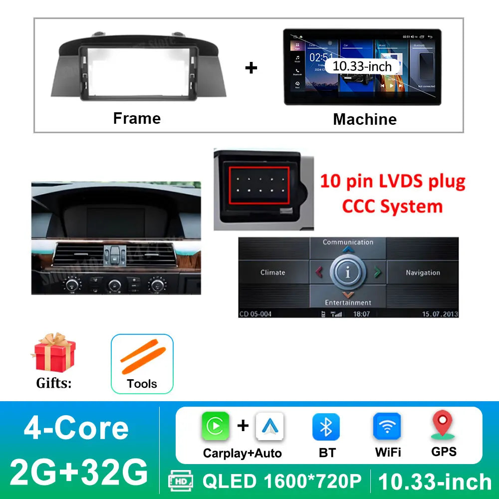 12.3 '' Ultra-thin Screen Android 16 BT for BMW 5 Series E60 E61 E62 2004 - 2012 CIC CCC System GPS Car Video Multimedia Player