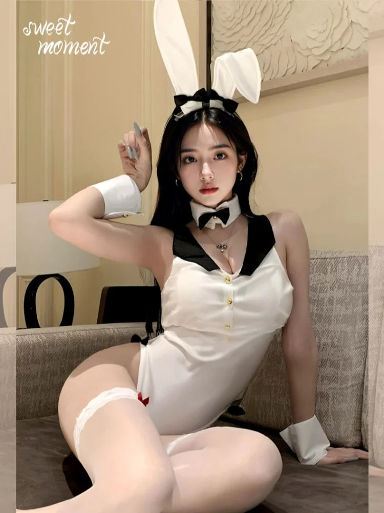 New Bold Elastic Elegant Slit Sexy and Pure Desire One-piece Lingerie Cute and Sweet Bunny Uniform Bodysuit Off-shoulder Deep V