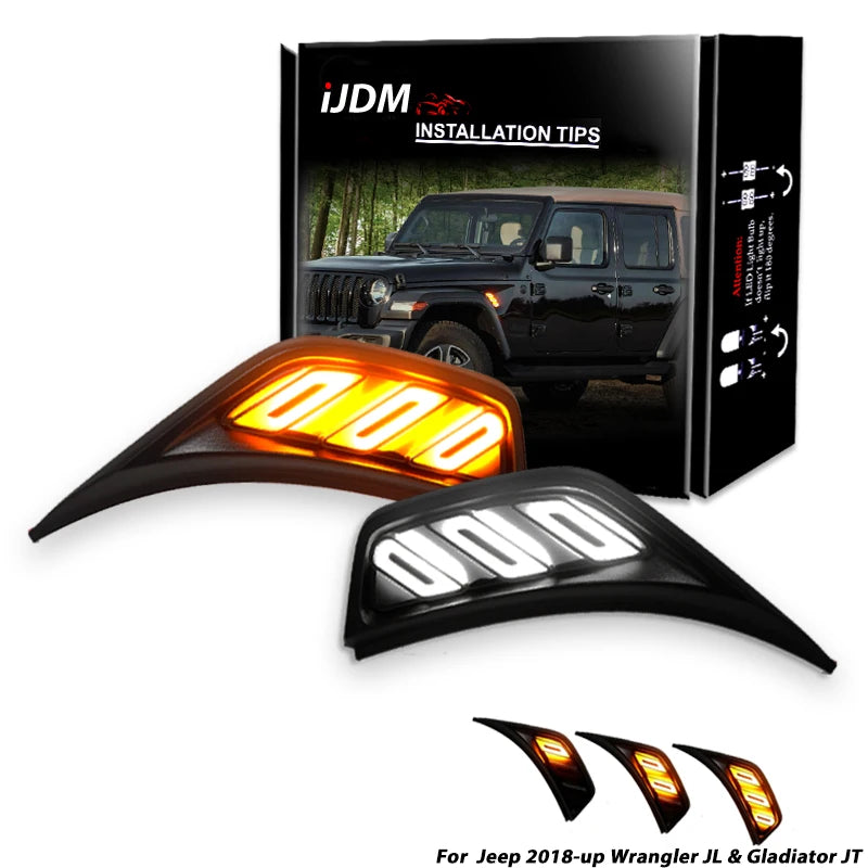 iJDM White/Amber Dual Color LED Illuminated Front Fender Side Marker Lights for Jeep 2018-up Wrangler JL & Gladiator JT