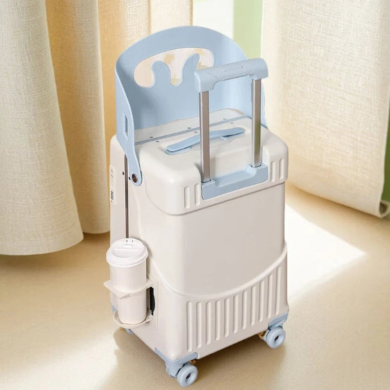 Front Opening Suitcase for Children can Sit 20/22 inch Ride on Luggage Sturdy Thickened PC Travel Suitcase with Cup Holder