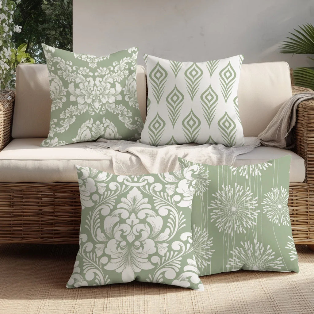 4Pcs Pillow Covers - Fresh White and Green Floral Pattern, Home Decor Cushion Cases for Living Room Sofa Bedroom
